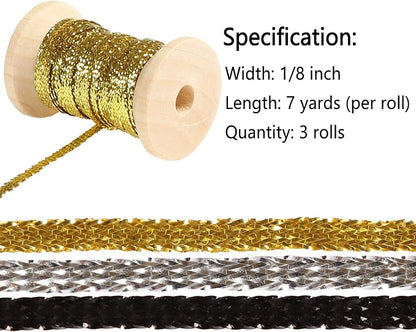 Gold&Silver Set Thin Ribbon 1/8 inch Metallic Braided Double Faced Ribbons - Image 2