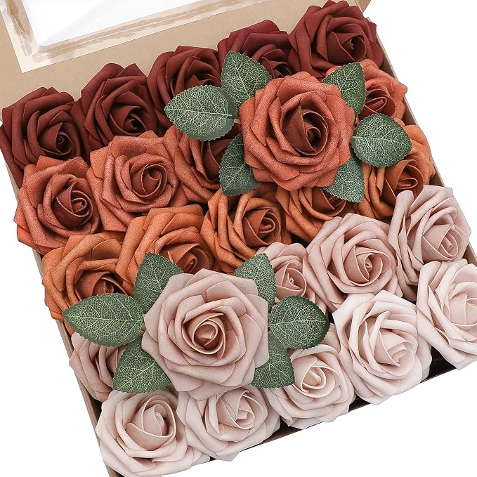Floroom Artificial Flowers 25pcs Real Looking Terracotta Ombre Colors Foam Fake by Floroom