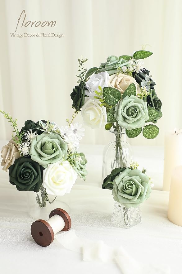 Floroom Artificial Flowers 25pcs Real Looking Emerald Green Ombre Colors Foam - Image 2