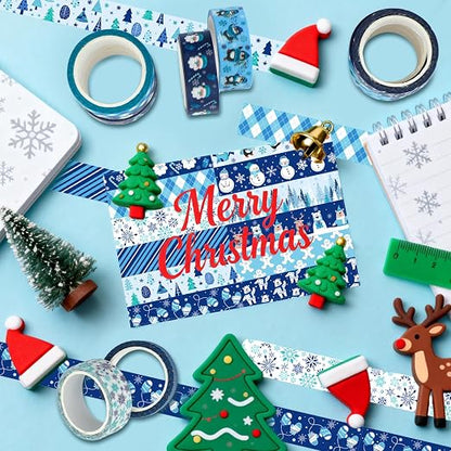 12 Rolls Winter Washi Tape Set Blue White Snowflake Snowman Holiday Masking - Image 4