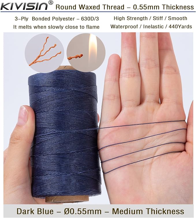 Round Waxed Polyester Thread 0.55mm, 440 Yards, Dark Blue, Stiff 3 Ply Leather - Image 3