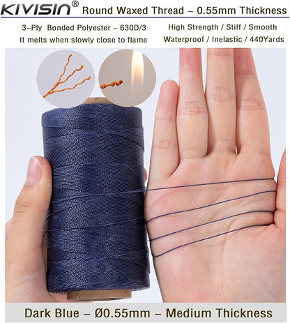Round Waxed Polyester Thread 0.55mm, 440 Yards, Dark Blue, Stiff 3 Ply Leather - Image 3