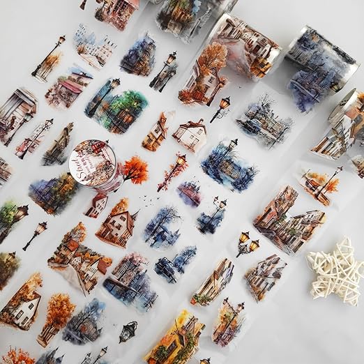 PET Tape Stickers for Journaling, 6 Rolls Transparent Street Landscape Stickers by MisKepaa