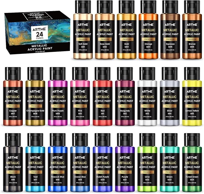 ARTME Metallic Acrylic Paint Set, 24 Metallic Colors in 2 oz/60ml Bottles by ARTME