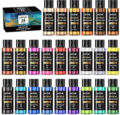 ARTME Metallic Acrylic Paint Set, 24 Metallic Colors in 2 oz/60ml Bottles by ARTME