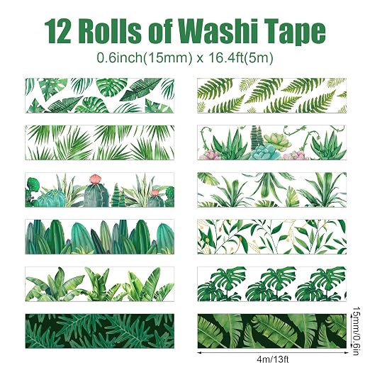 12 Rolls Greenery Washi Tape Set, Summer Tropical Leaves Masking Tape - Image 2