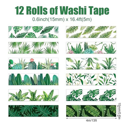 12 Rolls Greenery Washi Tape Set, Summer Tropical Leaves Masking Tape - Image 2