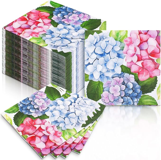 60 Pcs Hydrangea Cocktail Paper Napkins 6.5 x 6.5 Inches Disposable Paper by Feifeiya
