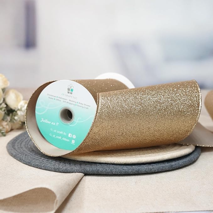 CT CRAFT LLC Glitter Wired Ribbon 6" x 10 Yards Gold - Image 4
