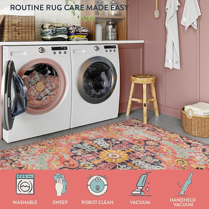 Lahome Bohemian Washable 2x5 Hot Pink Kitchen Runner Rug, Non Slip Bathroom - Image 4