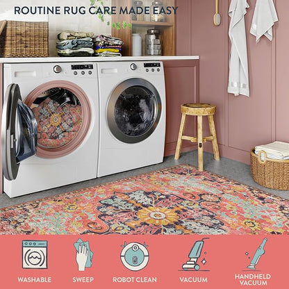Lahome Bohemian Washable 2x5 Hot Pink Kitchen Runner Rug, Non Slip Bathroom - Image 4
