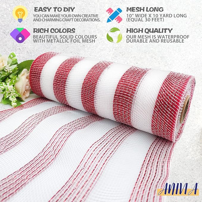 Anivia Deco Mesh Ribbon, 10inch x 30 Feet Each Roll Metallic Foil Mesh Ribbon - Image 3