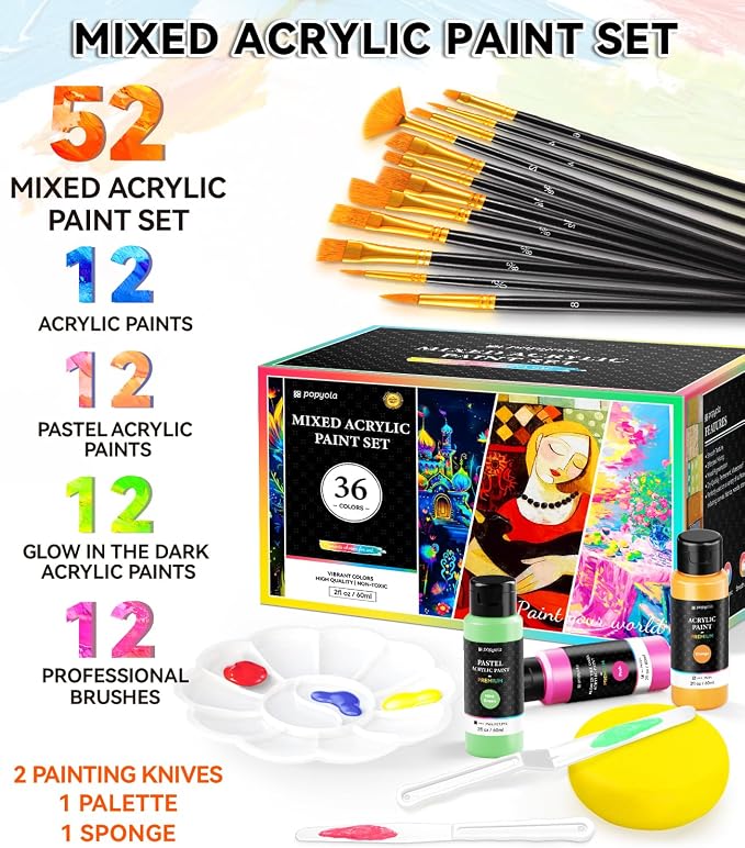 52 PCS Classic & Pastel & Glow in the Dark Acrylic Paint Set - Image 3
