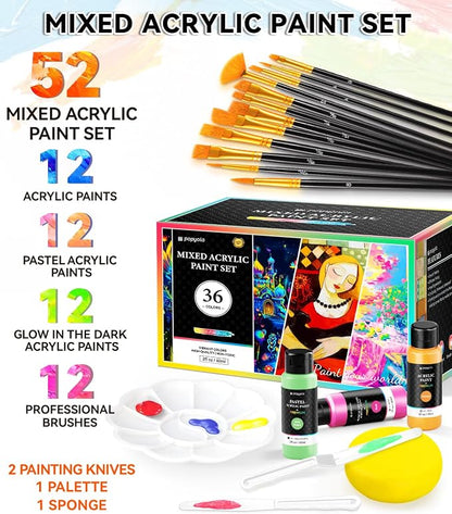 52 PCS Classic & Pastel & Glow in the Dark Acrylic Paint Set - Image 3