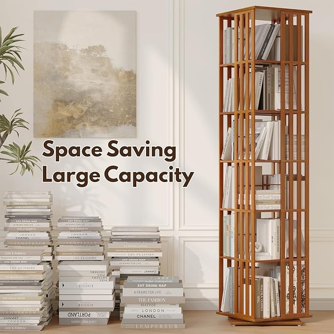 YOWOS Rotating Bookshelf Tower, 360 Display Spinning Bookcase, Bamboo Bookshelf - Image 4