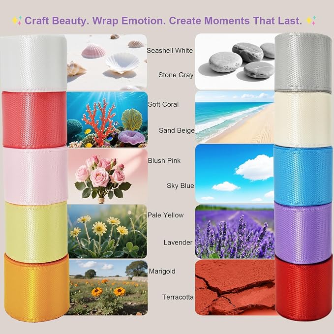 3/8 Double-Faced Satin Ribbon 50 Yards Set, “Morning Meadow”–10 Nature Colored - Image 3