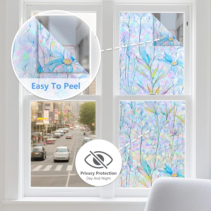 FINNEZ Window Privacy Film Stain Glass Film Flowers Rainbow Window Film Window - Image 3