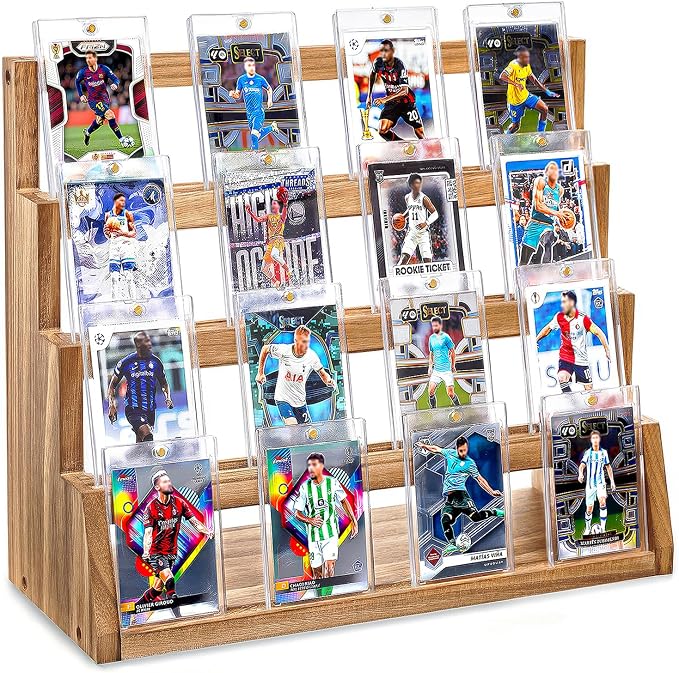 Emfogo Card Display Stand, 4-Tier Trading Card Display, Wooden Graded Baseball by Emfogo