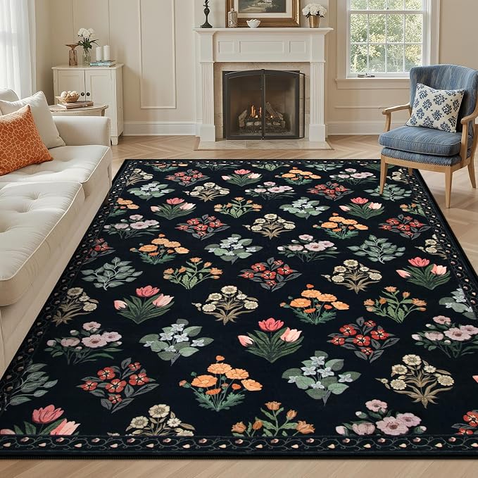 Wonnitar Floral Print 8x10 Washable Rug, Non Slip Black Dining Room Rug by Wonnitar