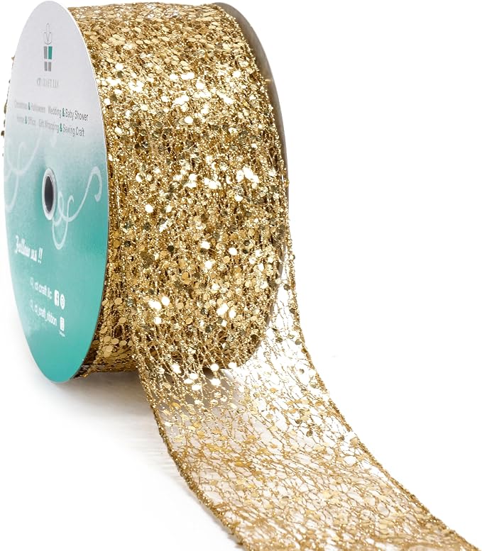CT CRAFT LLC Sparkling Glitter Mesh Wired Ribbon 2.5" x 20 Yards Gold by CTCRAFTLLC