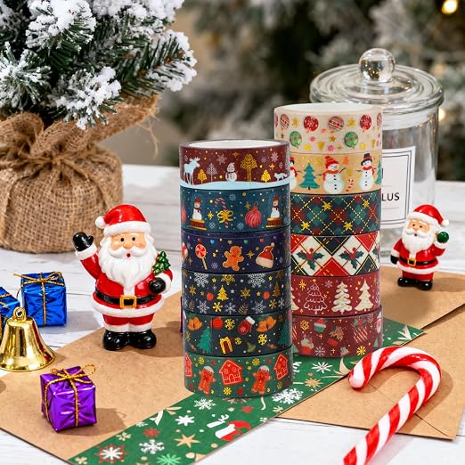 12 Rolls Christmas Washi Tapes Christmas Tree Snowman Snowflakes Gingerbread - Image 4