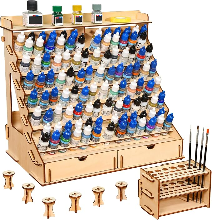 Paint Organizer with Brush Holder – 105-Bottle Holder with 6 Miniature Stands – by Unknown