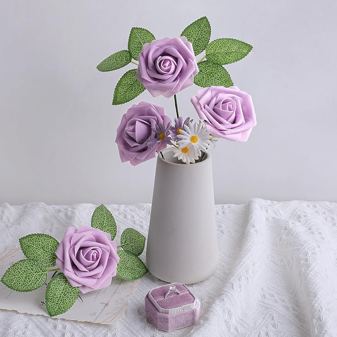 AmyHomie 25pcs Real Looking Artificial Lavender Roses w/Stem - Image 5