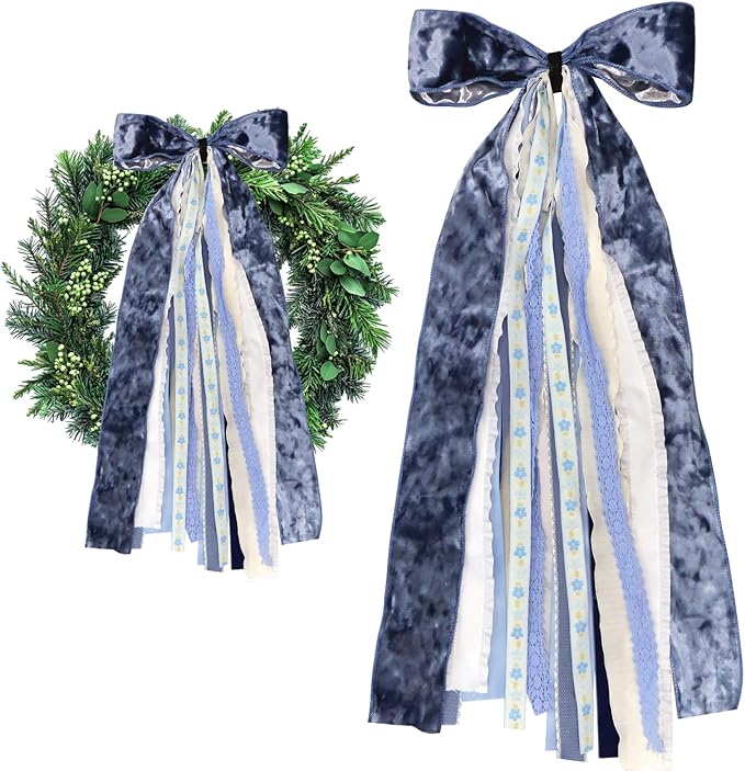 Large Blue Velvet Ribbon Bow for Wreath, Vintage Solid Fabric Ribbons Set by Unknown