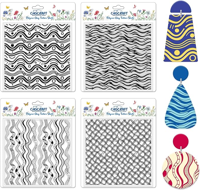 CHGCRAFT 4 Pcs Artistic Wavy Polymer Clay Texture Sheets Wavy Lines Silicone by chgcraft