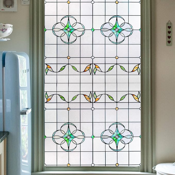 3D Stained Glass Window Privacy Film, Heat Control UV Blocking Static Cling by OHTMERU