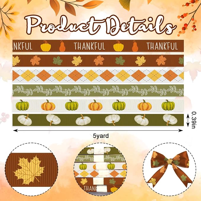 6 Rolls 30 Yards Thanksgiving Fall Ribbons Autumn Harvest Ribbons - Image 2