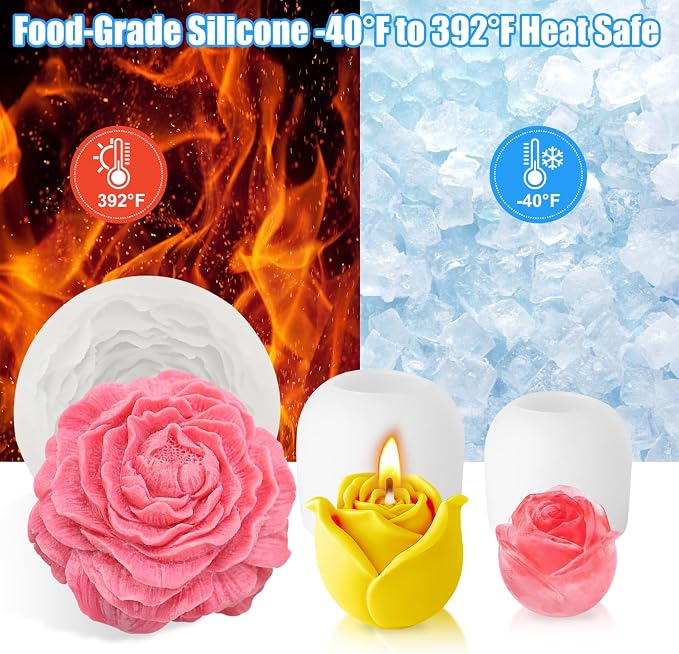 3 Pcs Peony Flower Silicone Candle Molds Set, 3D Peony and Rose Silicone Resin - Image 4