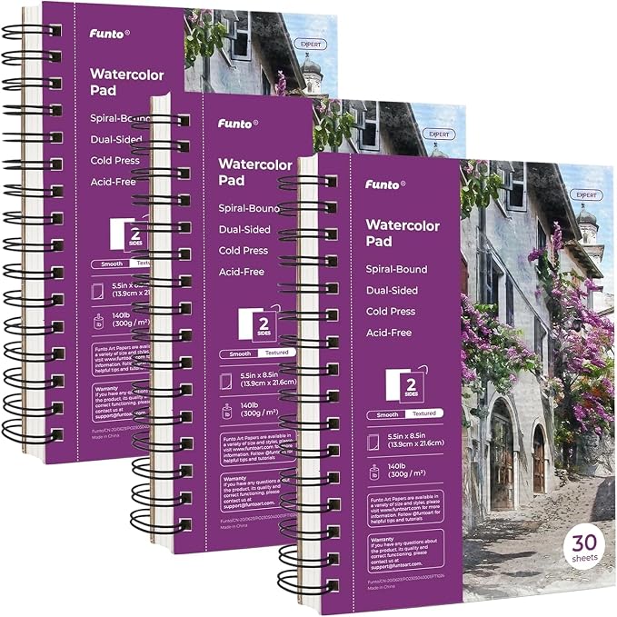 Funto Watercolor Pad 5.5x8.5, 3 Pack, 90 Sheets, 140lb/300gsm, Double-Sided by FUNTO