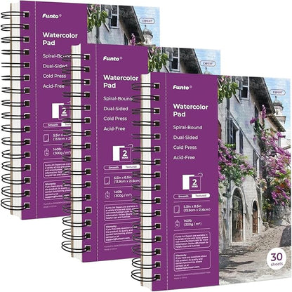 Funto Watercolor Pad 5.5x8.5, 3 Pack, 90 Sheets, 140lb/300gsm, Double-Sided by FUNTO