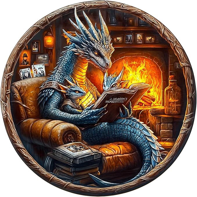 Wooden Puzzles for Adults, Dragon Family Night Reading Wooden Jigsaw Puzzle 450 by KAAYEEDirect