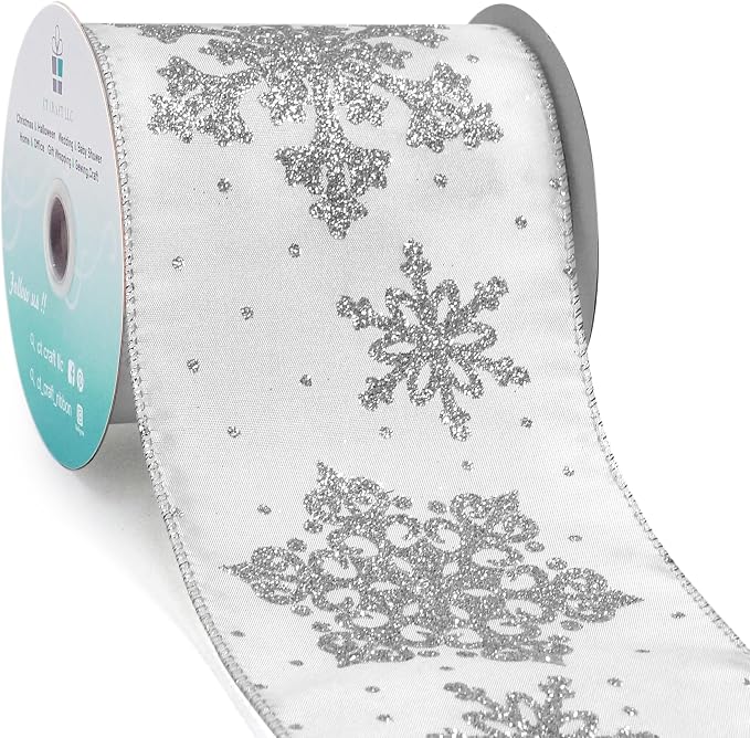 CT CRAFT LLC White Satin with Silver Snowflake Wired Ribbon 4 Inch x 10 Yards by CTCRAFTLLC