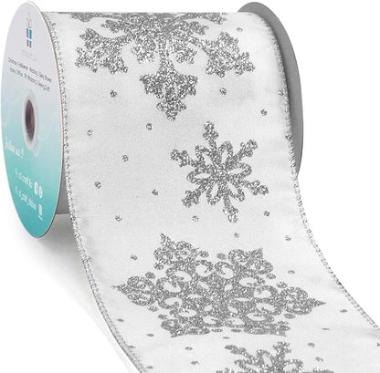 CT CRAFT LLC White Satin with Silver Snowflake Wired Ribbon 4 Inch x 10 Yards by CTCRAFTLLC