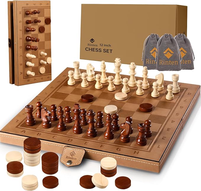 Chess Set Board for Kids & Adults, Portable Folding Leather Chess Boards by Rinten