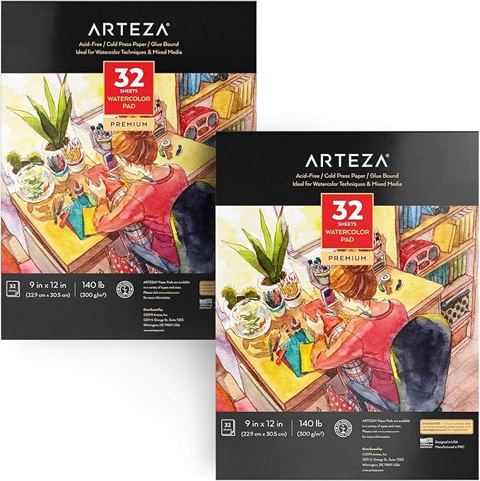 ARTEZA Watercolor Paper, 32 Sheets Each, 9x12 Inch Watercolor Sketchbook by ARTEZA