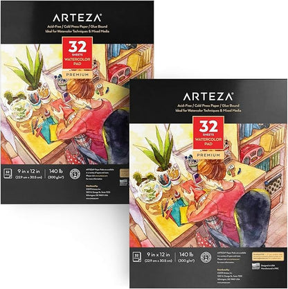 ARTEZA Watercolor Paper, 32 Sheets Each, 9x12 Inch Watercolor Sketchbook by ARTEZA