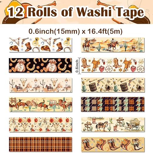 12 Rolls Western Washi Tapes, Wild West Cowboy Masking Tapes, Cowboy and - Image 2