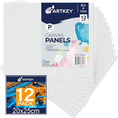 Artkey Canvases for Painting 8x10 Inch 12-Pack, 10 oz Primed 100% Cotton White by Artkey