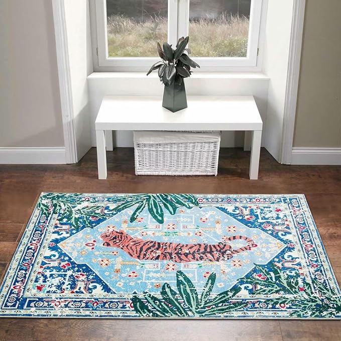 Tropical Jungle Rugs, 2x3 Faux Wool Botanical Boho Throw Rugs - Image 5