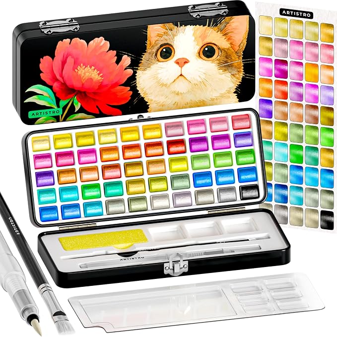 ARTISTRO 50 Metallic Watercolor Paint Set, Vivid Colors in Portable Box by ARTISTRO