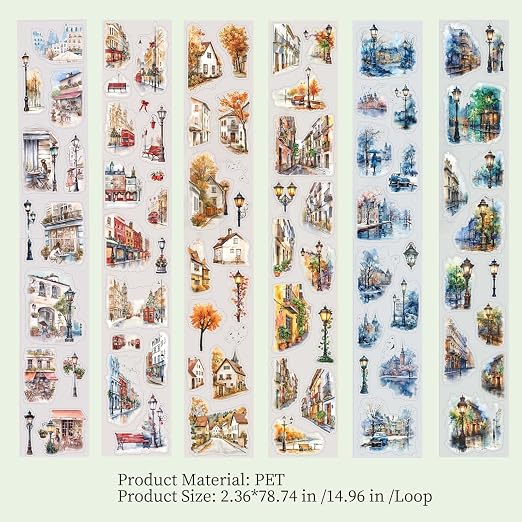 PET Tape Stickers for Journaling, 6 Rolls Transparent Street Landscape Stickers - Image 2