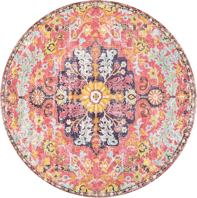 Lahome Bohemian Floral Medallion Round Rug - 3Ft Small Hot Pink Round Area Rug - Image 9
