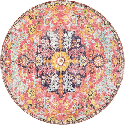Lahome Bohemian Floral Medallion Round Rug - 3Ft Small Hot Pink Round Area Rug - Image 9