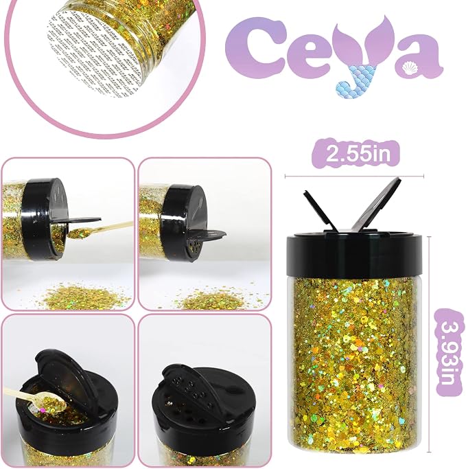 Ceya Holographic Chunky Glitter, 4.9oz/ 140g Cyan Gold Craft Glitter Powder - Image 4