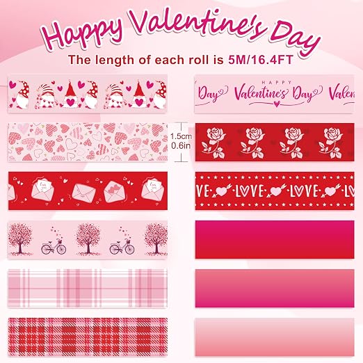 Whaline 12 Rolls Valentine Washi Tape Red Pink Heart Gnome Love Masking Tape - Image 2