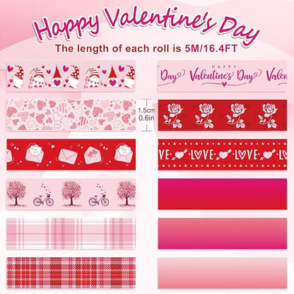 Whaline 12 Rolls Valentine Washi Tape Red Pink Heart Gnome Love Masking Tape - Image 2